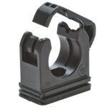 5030.020.213 / 15030020213 RQS Black 18.5 mm plastic mounting clip with built-in hinged retaining cap for corrugated plastic conduits
