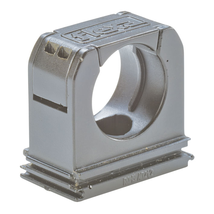 RQS_Grey.jpg 5030.020.007 / 15030020007 RQS Grey 10.0 mm plastic mounting clip with built-in hinged retaining cap for corrugated plastic conduits